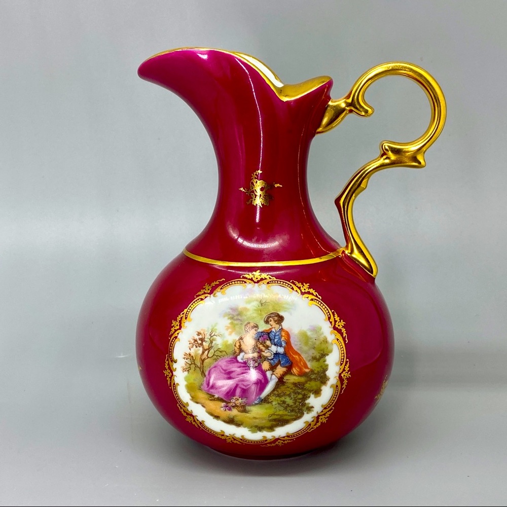 Vintage Limoges Castel Pitcher Vase Gold & Red